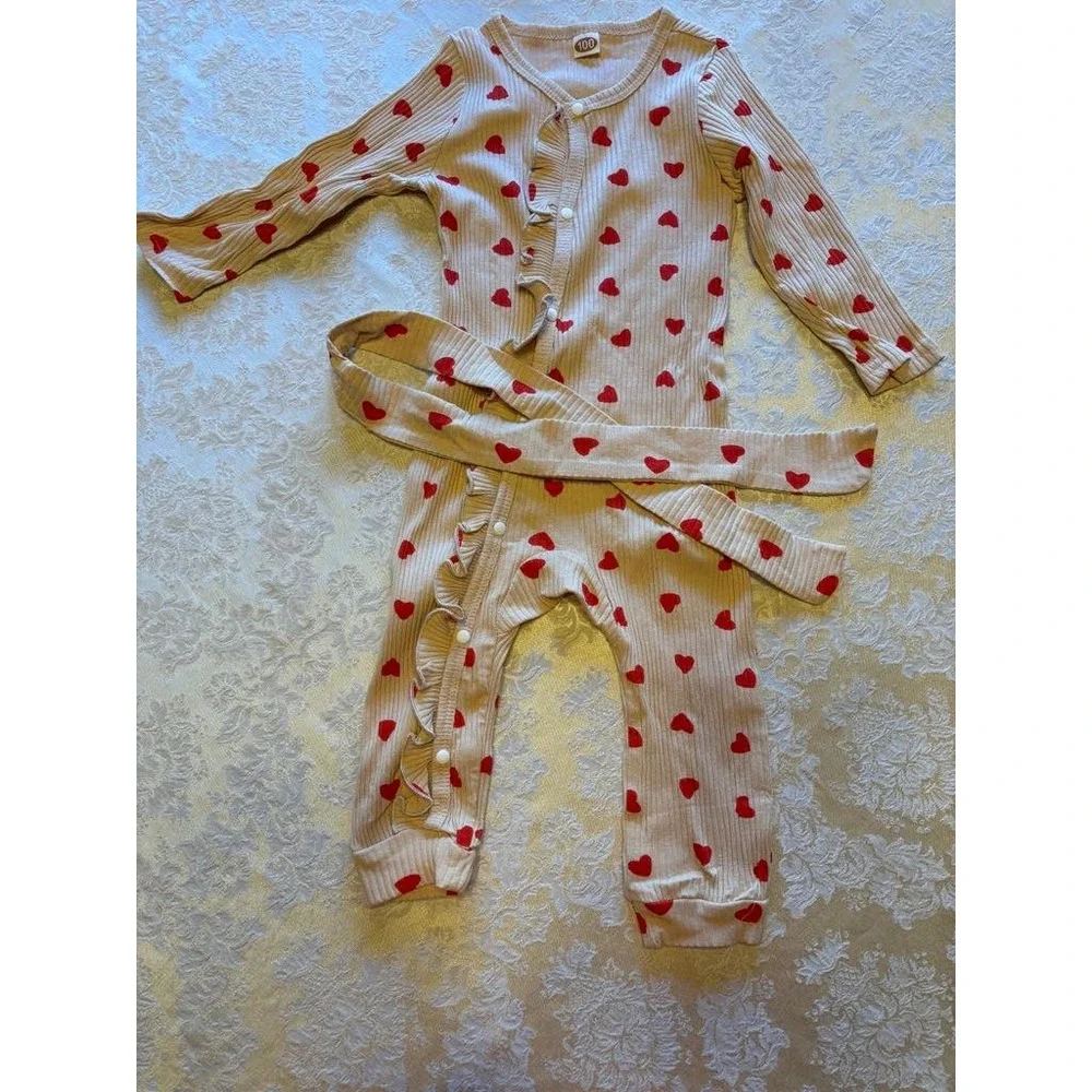 Heart Print Ruffle Romper with Belt, Long Sleeve,‎ Valentine's Day Outfit, 100